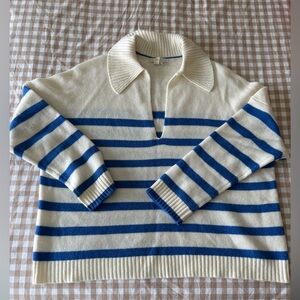 Boden Cream and Blue Striped Crew Neck Sweater